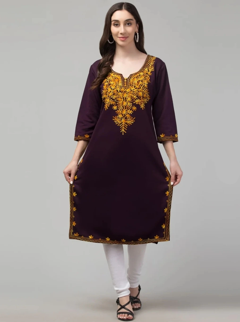 raditional Embroidered Kurti Set White mustard