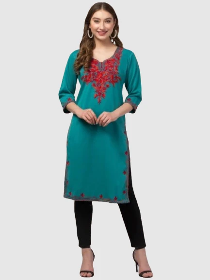 Teal Radiance Kurti  Embroidered Kurti Set Sea Green Red
