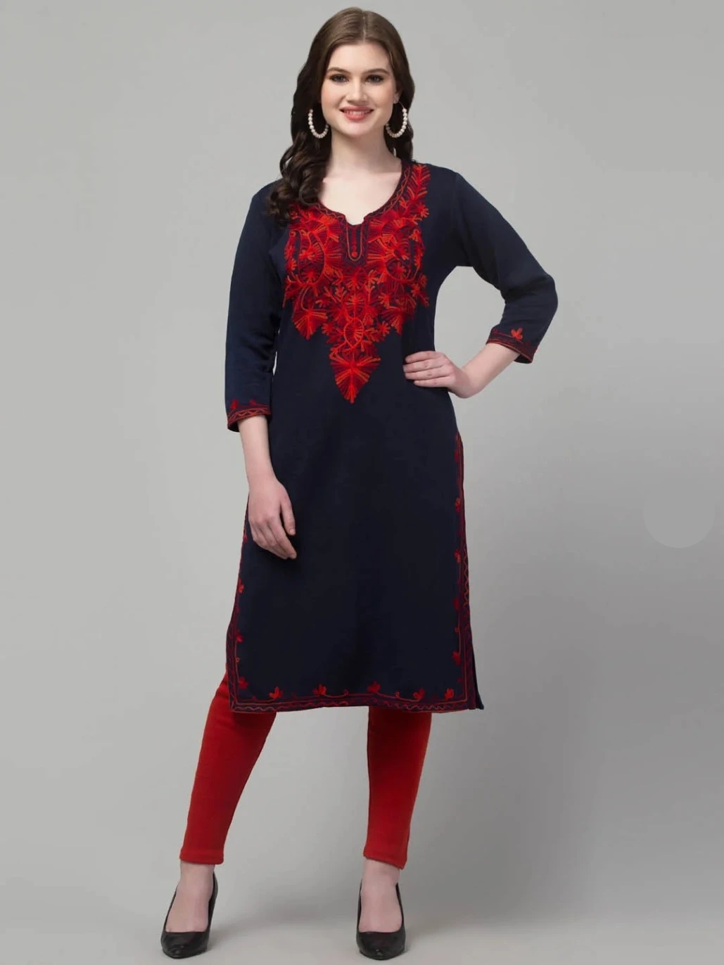 Midnight Bloom Kurti Ensemble Navy Red