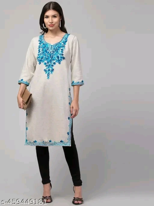 Elegant Blue Floral Embroidered Kurti Set grey firozi
