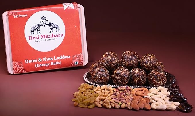 DESI MITAHARA – Dates & Nutes Ladoo - Made with Dates & Nutes, Jaggery & Cow Ghee - Traditional Indian Sweet - Healthy, Nutritious Snack - 480g Pack - No Artificial Colours - Suitable for All Ages