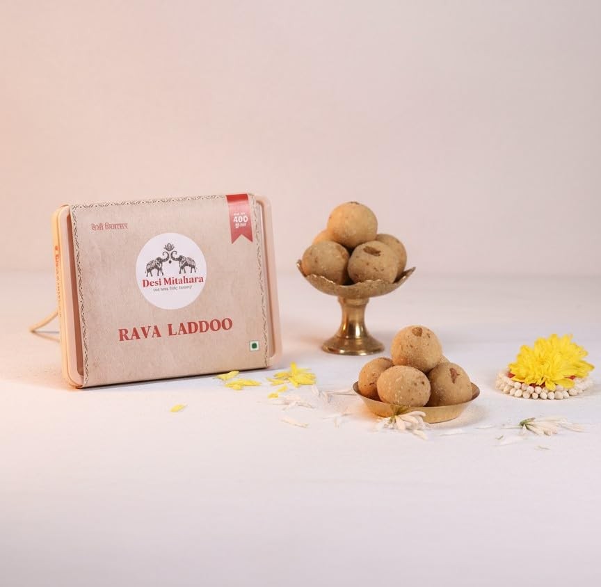 DESI MITAHARA – Rava Ladoo - Made with Rava, Caster Sugar & Cow Ghee - Traditional Indian Sweet - Healthy, Nutritious Snack - 480g Pack - No Artificial Colours - Suitable for All Ages