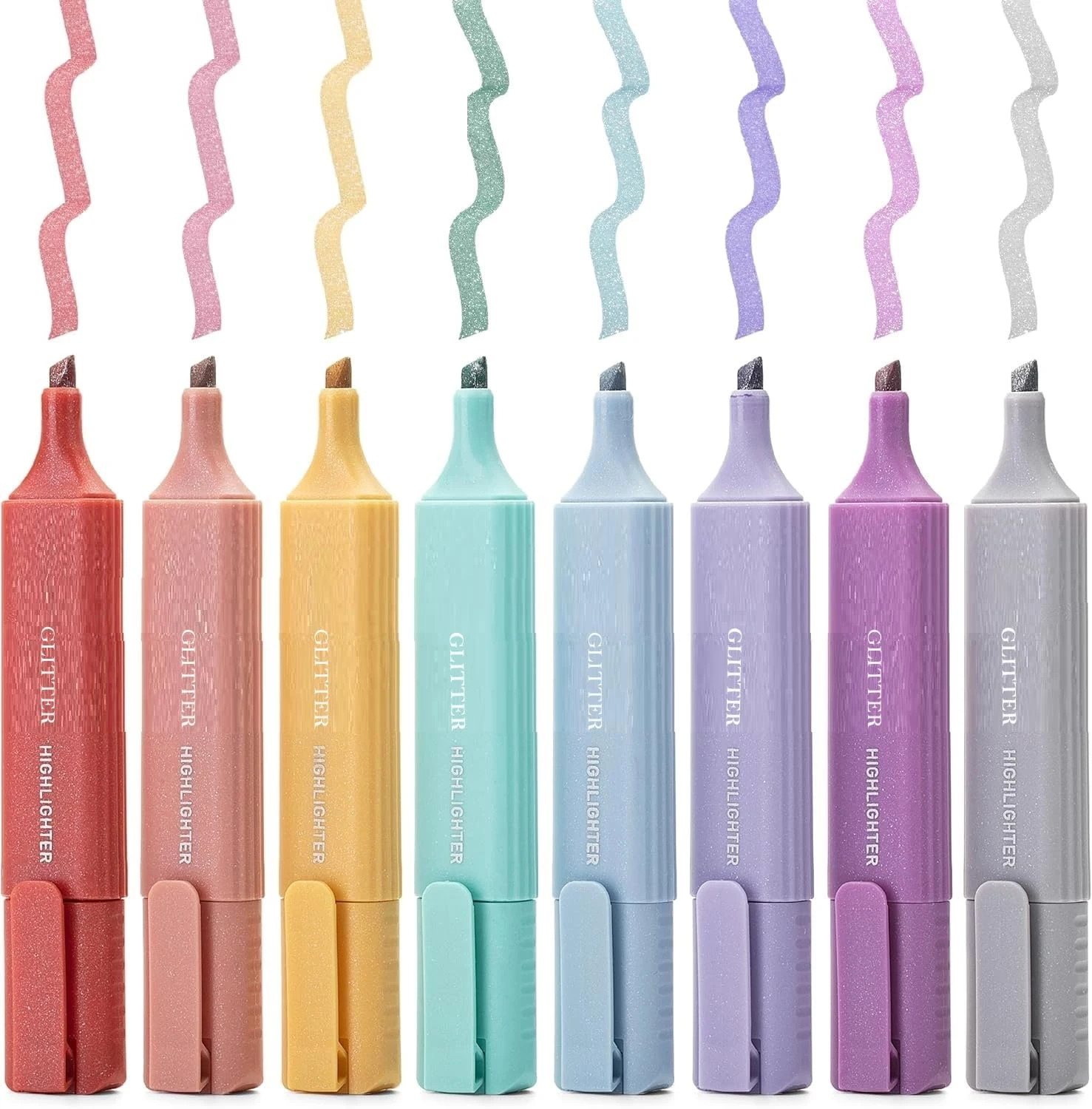 8 Pc Glitter Highlighters Pastel Color Pen Set Chisel Tip Aesthetic Highlighters Quick-Dry, Smear-Resistant For Journal Planner Coloring Drawing Doodling - Assorted Color
