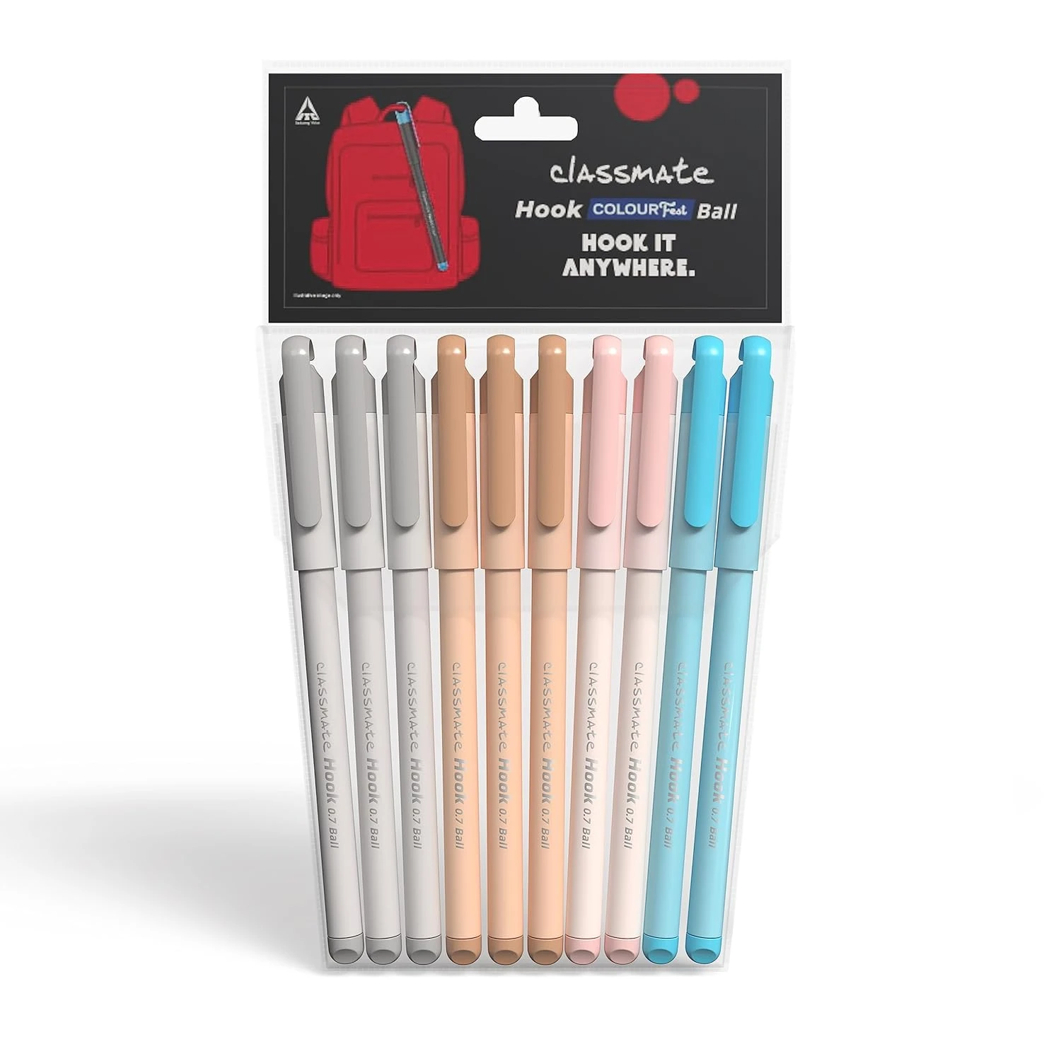Classmate Hook Ball Pen- Blue (Pack of 10)|Multicolour Body Pens|Attractive Pastel Shades for Boys & Girls