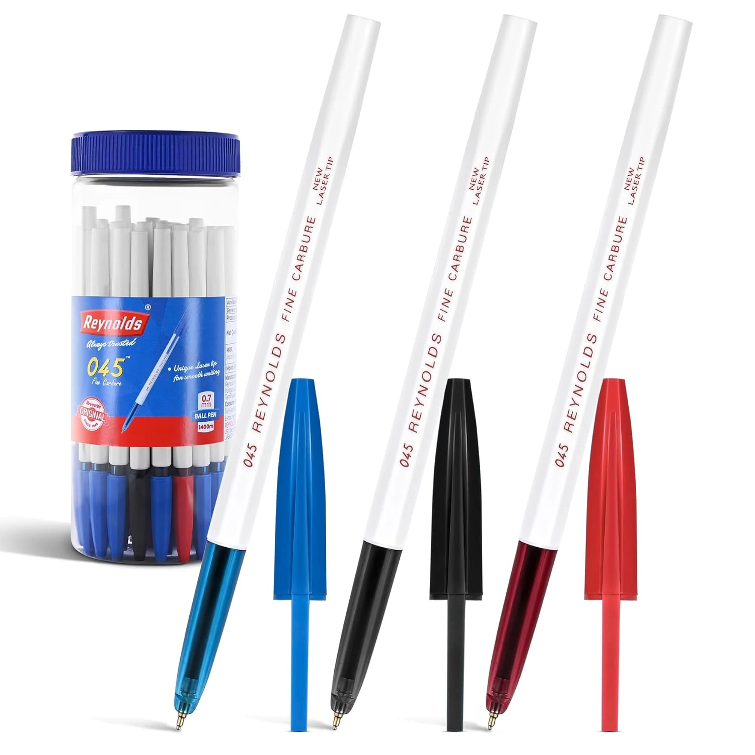 Reynolds 045 CARBURE 25 CT JAR, 16 BLUE, 6 BLACK & 3 RED | Ball Point Pen Set With Comfortable Grip | Pens For Writing | School and Office Stationery | Pens For Students | 0.7mm Tip Size