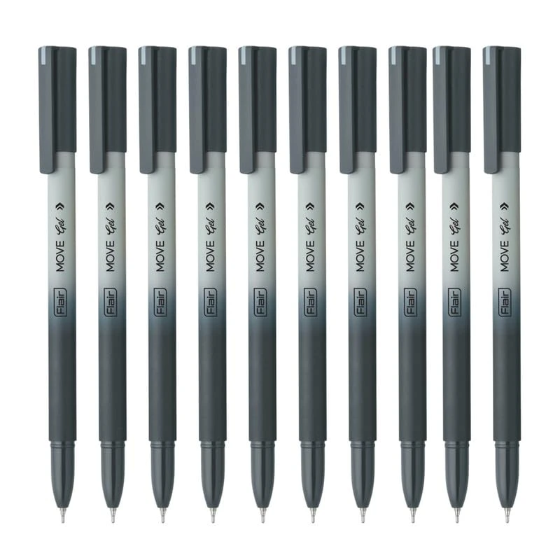 FLAIR Move Gel Pen | Black & Grey Aesthetic Pastel Matt Finished Body | Effortless Writing With Sleek Clip Design | Black Ink, Set Of 10
