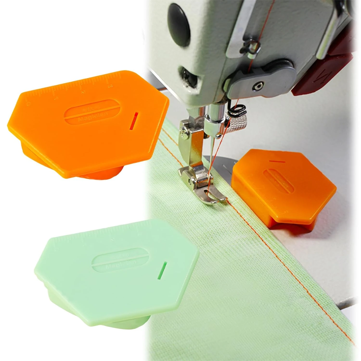 2 Pack Sewing Machine Accessories, Tailoring Accessories with Scale, Stitching Tools for Tailoring, Hemming Folder for Sewing Machine, Sewing Tools for Quilting and Craft Projects, Orange and Green