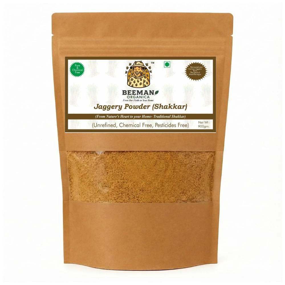 BEEMAN ORGANICA Organic Jaggery Powder (900 GM) | Handmade Shakkar | Premiium Jaggery Powder | Chemical and Sulphur free