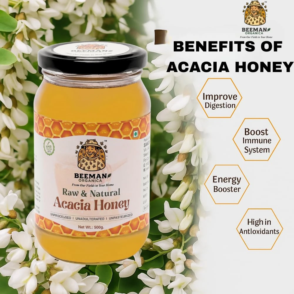 BEEMAN ORGANICA Acacia Honey (500 grams) NMR Tested | Raw and Natural | 100% Pure | Ayurvedic | Weightloss