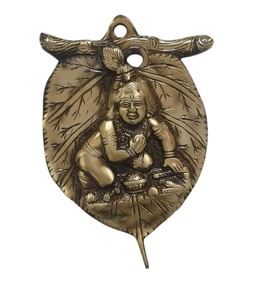 Brass Baby Krishna Wall Hanging Leaf Design