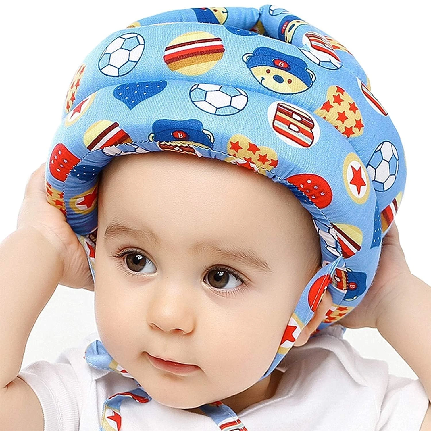 Baby Head Protector Helmet for Crawling Walking, Inflatable Safety Headguard with Soft Cushion, Bunny Pattern | (Blue Print) |