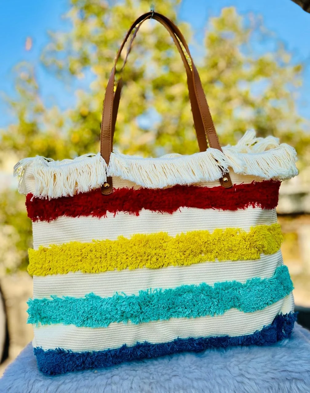 Aditya Creations Woven Tote Bag with Colorful Fringe Stripes, Brown Leather Handles, White Beach Bag Style 3