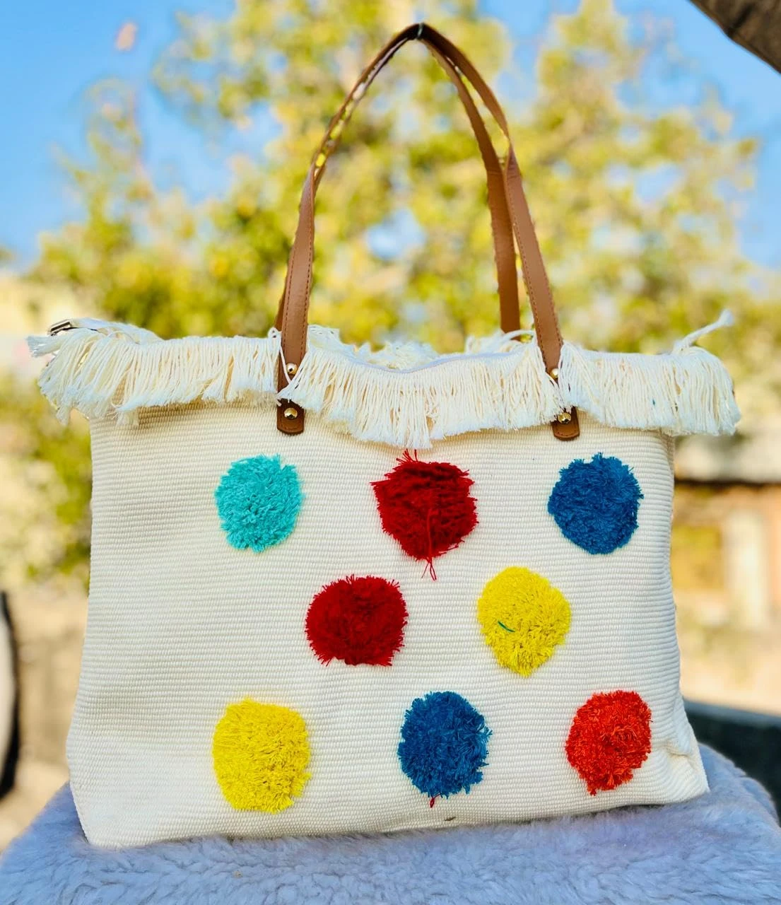 Aditya Creations Woven Tote Bag with Colorful Fringe Stripes, Brown Leather Handles, White Beach Bag Style 04