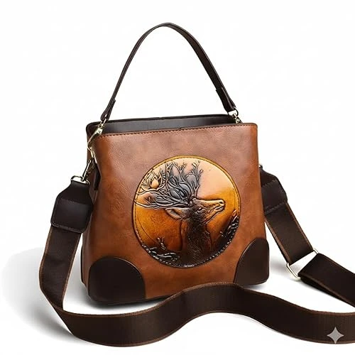 Aditya Creations Leather Shoulder Bag with Deer Embossed Design, Crossbody Handbag with Adjustable Strap Color Brown