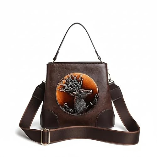Aditya Creations Leather Shoulder Bag with Deer Embossed Design, Crossbody Handbag with Adjustable Strap Color Dark Brown
