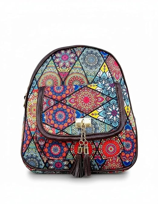 Aditya Creations Colorful Mandala Print Backpack with Tassel, Multi-Color Bohemian Pattern Model 01