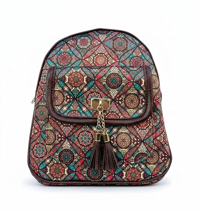 Aditya Creations Colorful Mandala Print Backpack with Tassel, Multi-Color Bohemian Pattern, Model 02