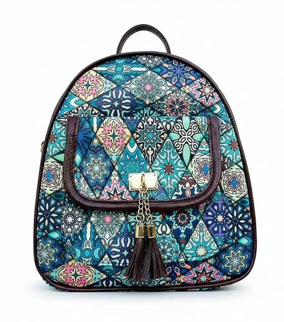 Aditya Creations Colorful Mandala Print Backpack with Tassel, Multi-Color Bohemian Pattern, Model 03