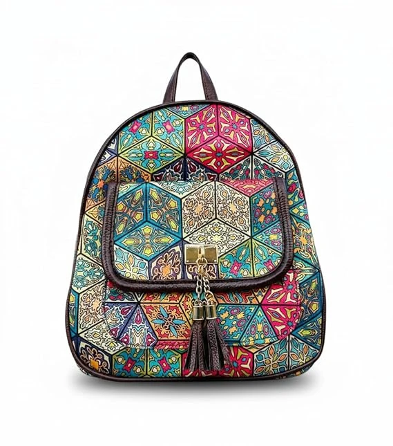 Aditya Creations Colorful Mandala Print Backpack with Tassel, Multi-Color Bohemian Pattern, Color 04