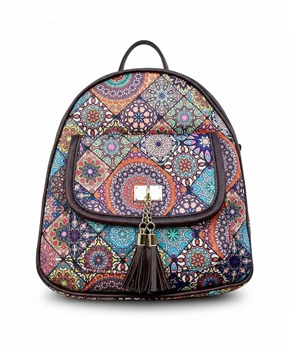 Aditya Creations Colorful Mandala Print Backpack with Tassel, Multi-Color Bohemian Pattern, Color 05