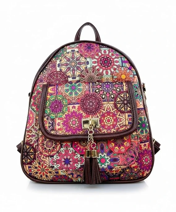 Aditya Creations Colorful Mandala Print Backpack with Tassel, Multi-Color Bohemian Pattern, Color 6