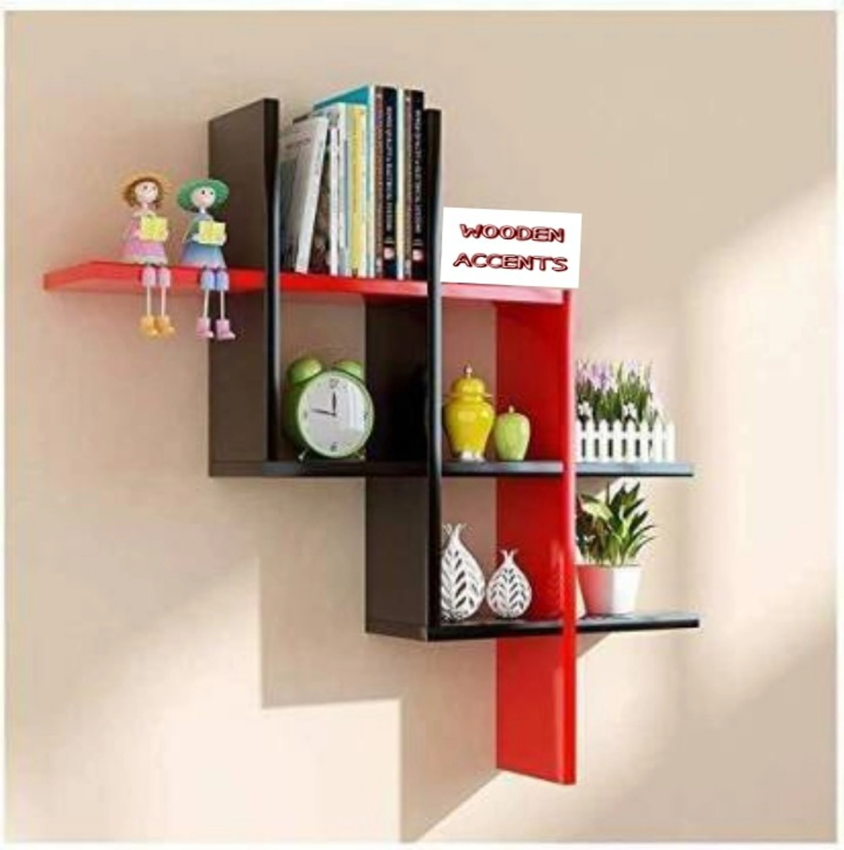 Wooden Plus Shape Wall Shelf Hashtag Floating mount Rack Shelf (Black & Red) MDF (Medium Density Fiber) Wall Shelf (Number of Shelves - 8, Black, Red)