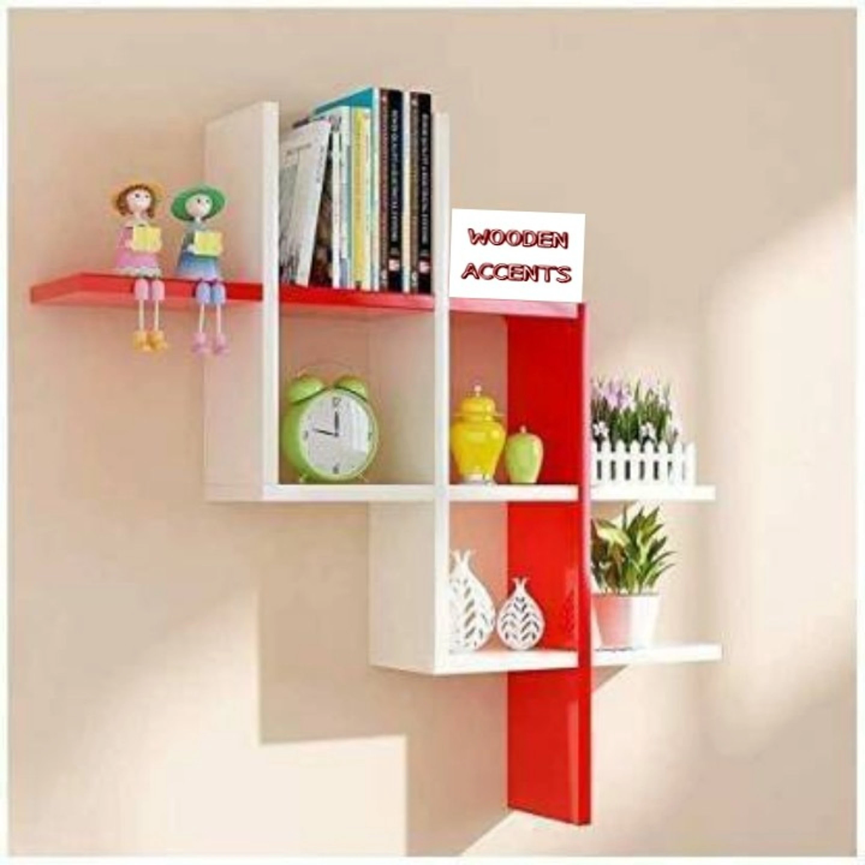 Wooden Plus Shape Wall Shelf Hashtag Floating mount Rack Shelf (White & Red) MDF (Medium Density Fiber) Wall Shelf (Number of Shelves - 8, White, Red)