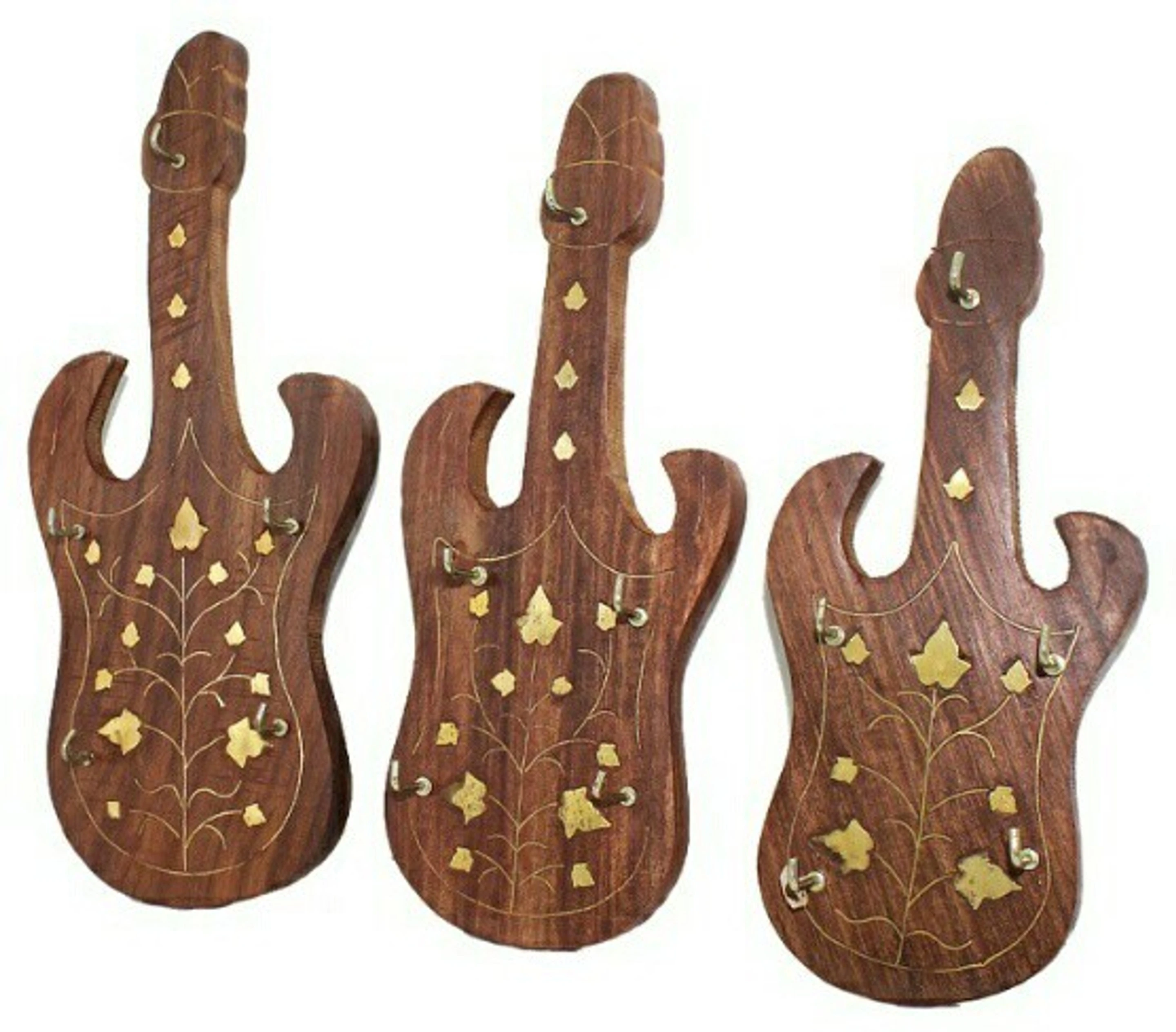 Sheesham Wood And Brass Made Guitar Wood Key Holder (15 Hooks, Brown, Gold)