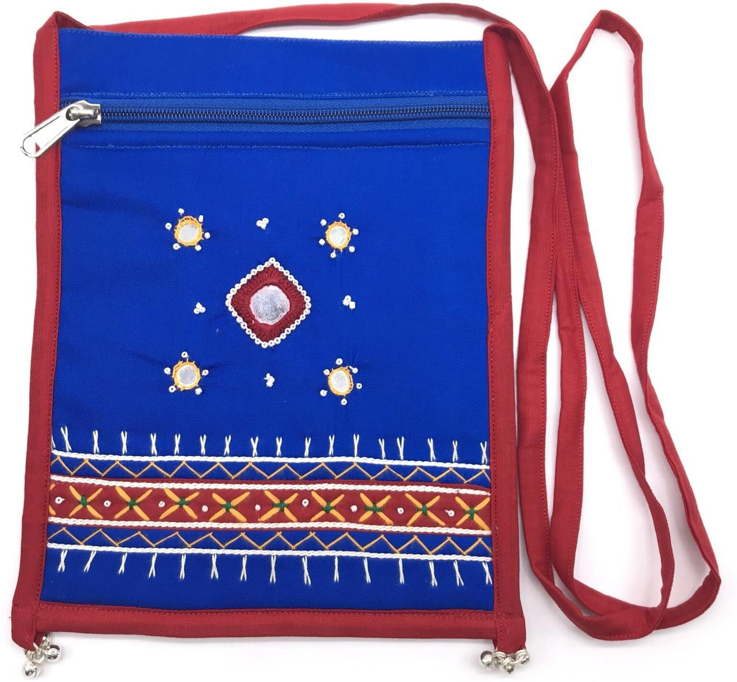 Blue Girls Sling Bag Hand EmbroideredCross Body Mobile Pouch ladies cotton mobile bags