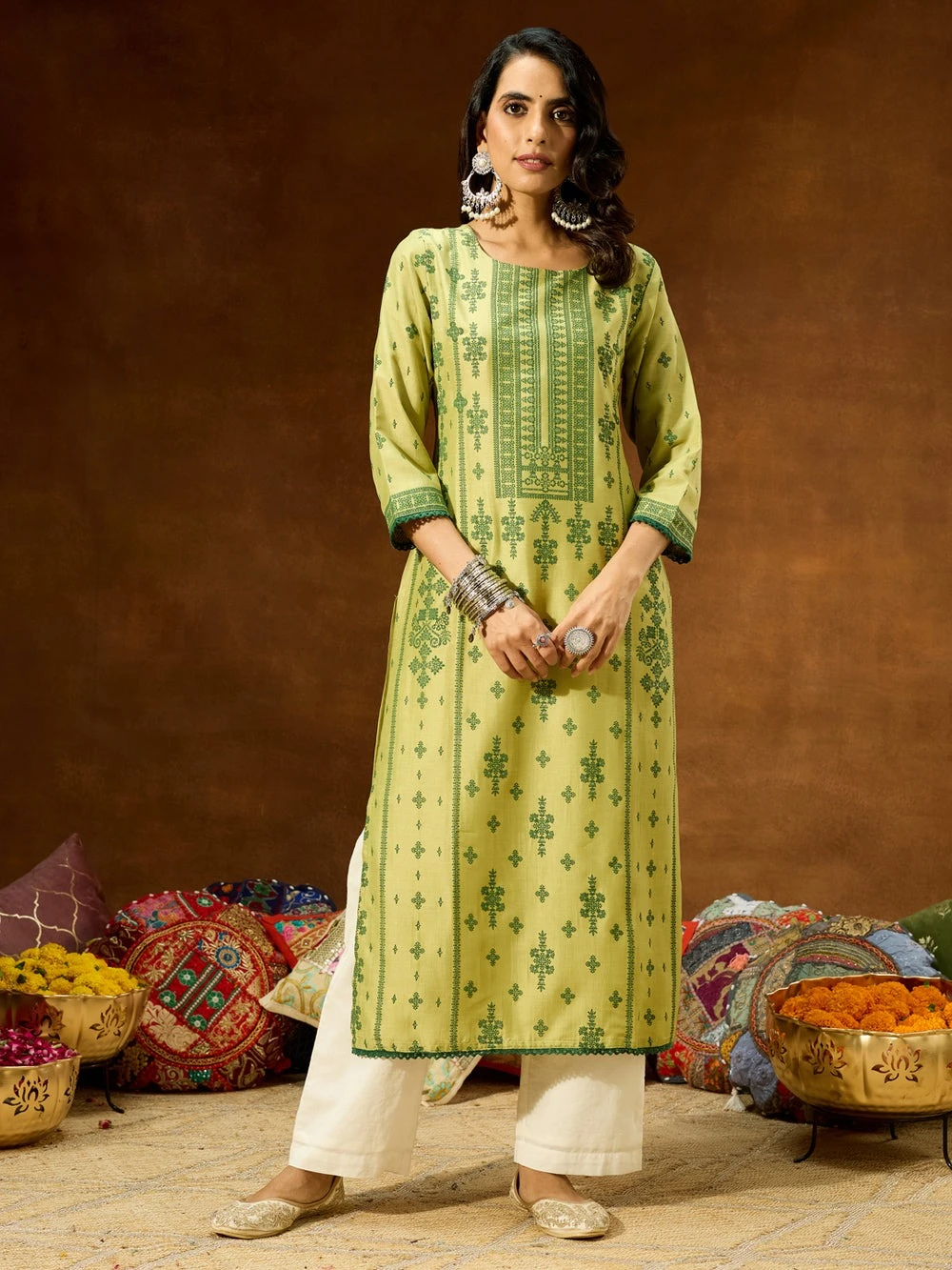Janasya Women's Lime Green Silk Blend Ethnic Printed Straight Kurta