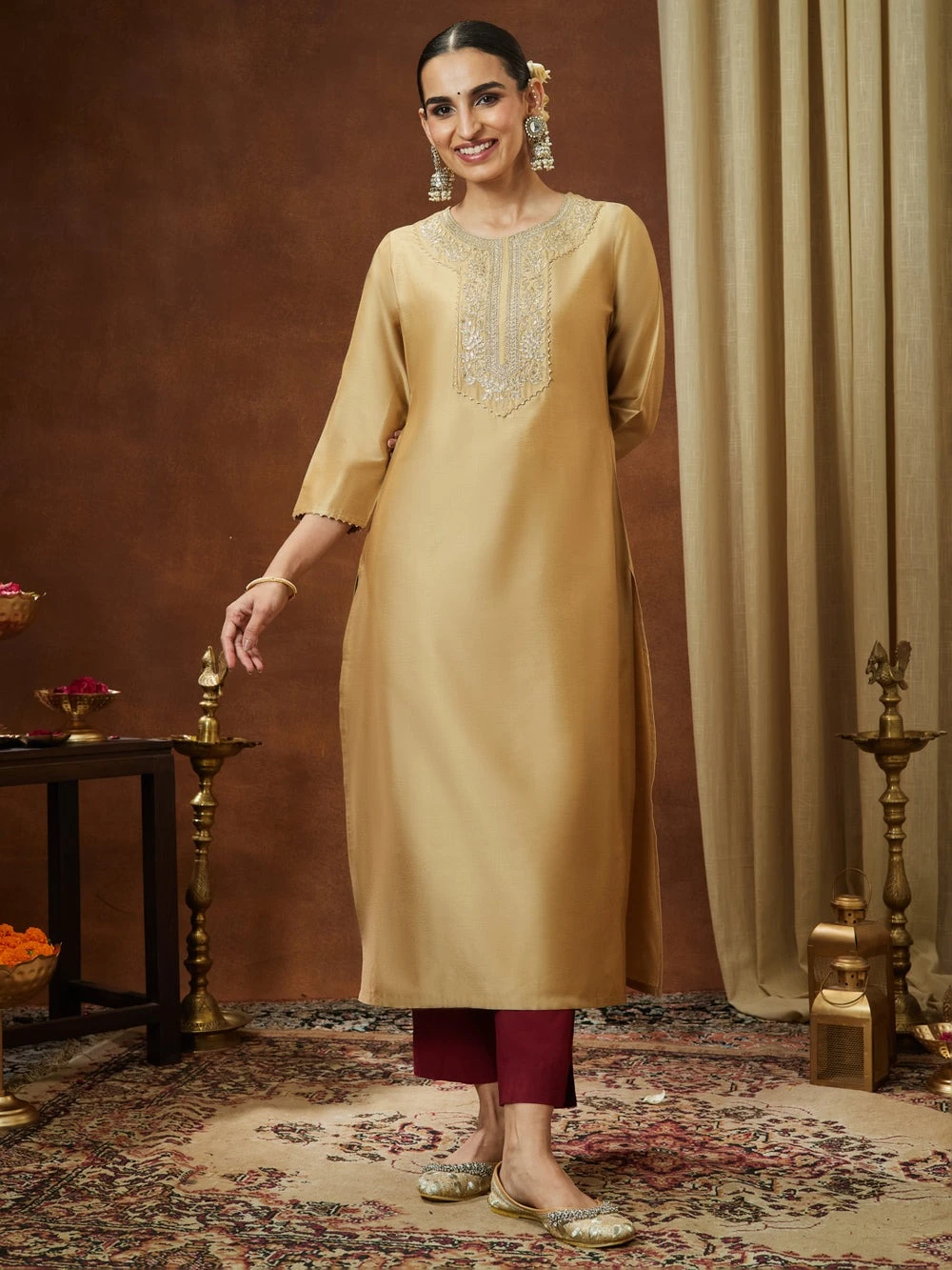 Janasya Women's Beige Chanderi Silk Zari Yoke Embroidered Straight Kurta