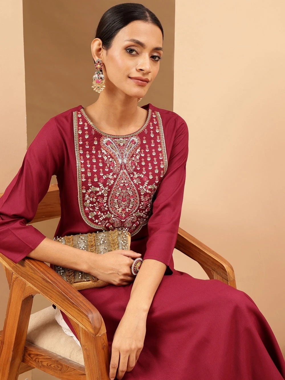 Janasya Women's Wine Royan Yoke Embroidered Straight Kurta