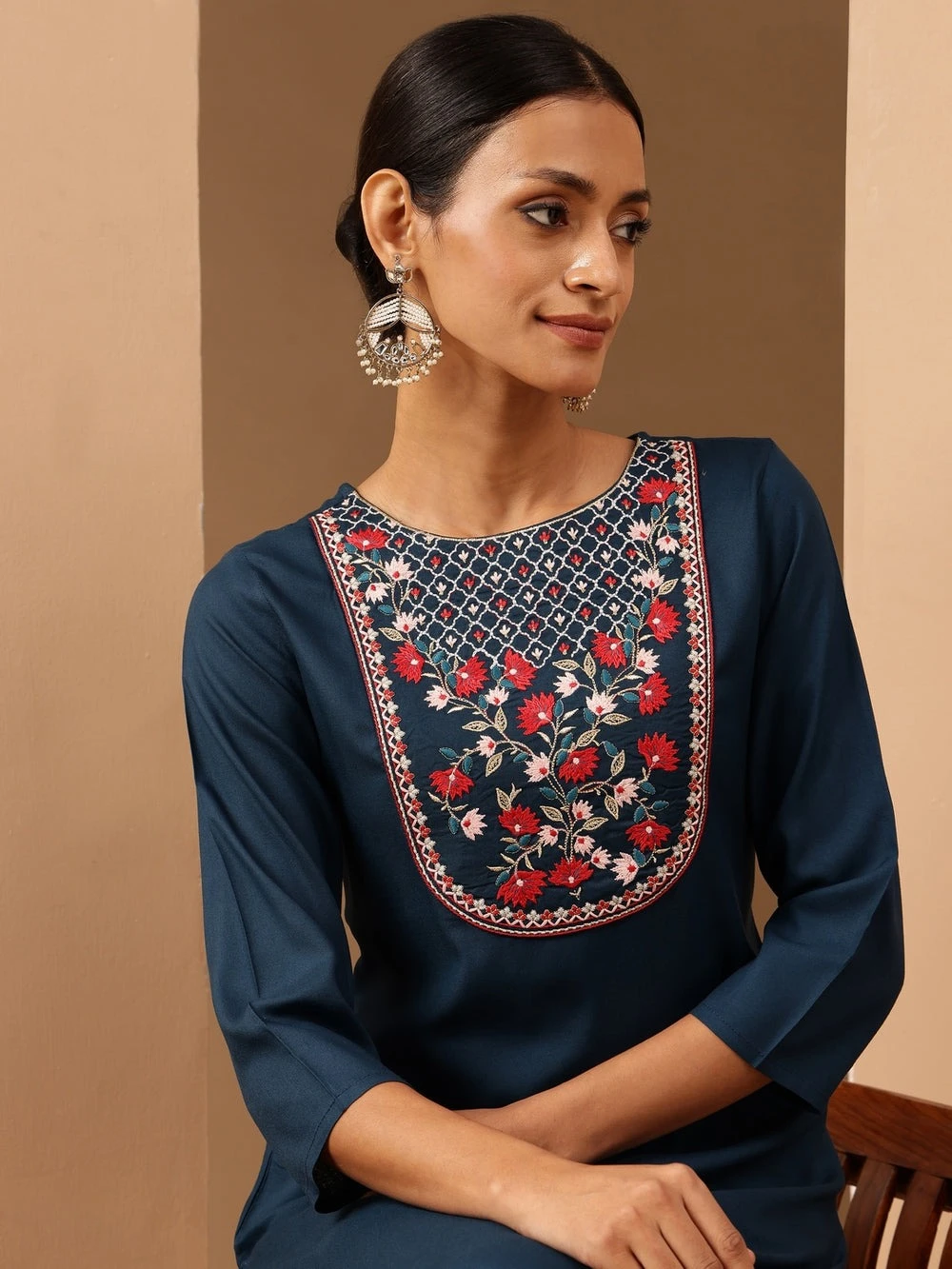 Janasya Women's Teal Blue Rayon Yoke Embroidered Straight Kurta