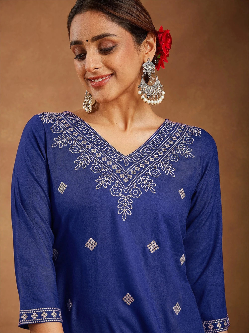 Janasya Women's Navy Blue Rayon Embroidered Straight Kurta