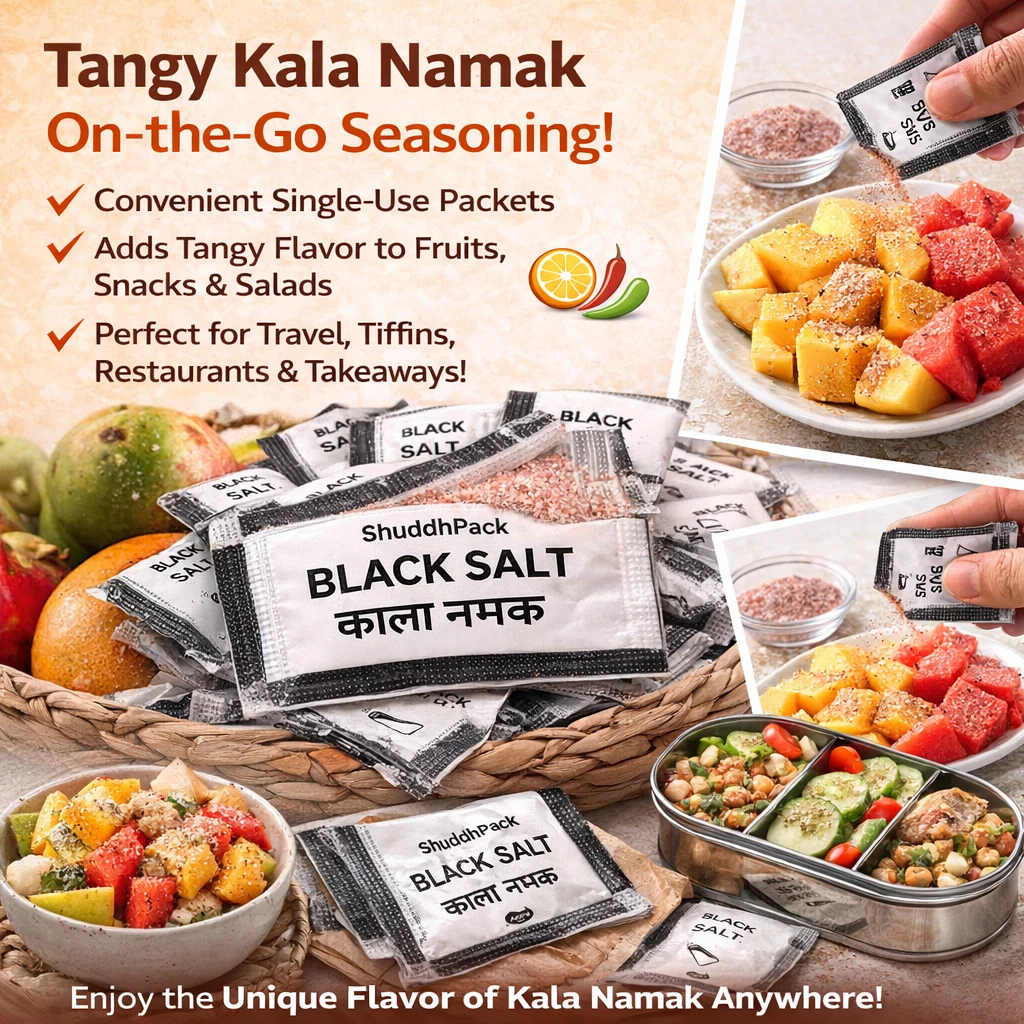 ShuddhPack Black Salt Sachets 1g (Pack of 200) | Hygienic Single-Use Kala Namak Packets | Tangy Rock Salt Seasoning for Fruits, Salads, Snacks, Travel, Hotels & Restaurants