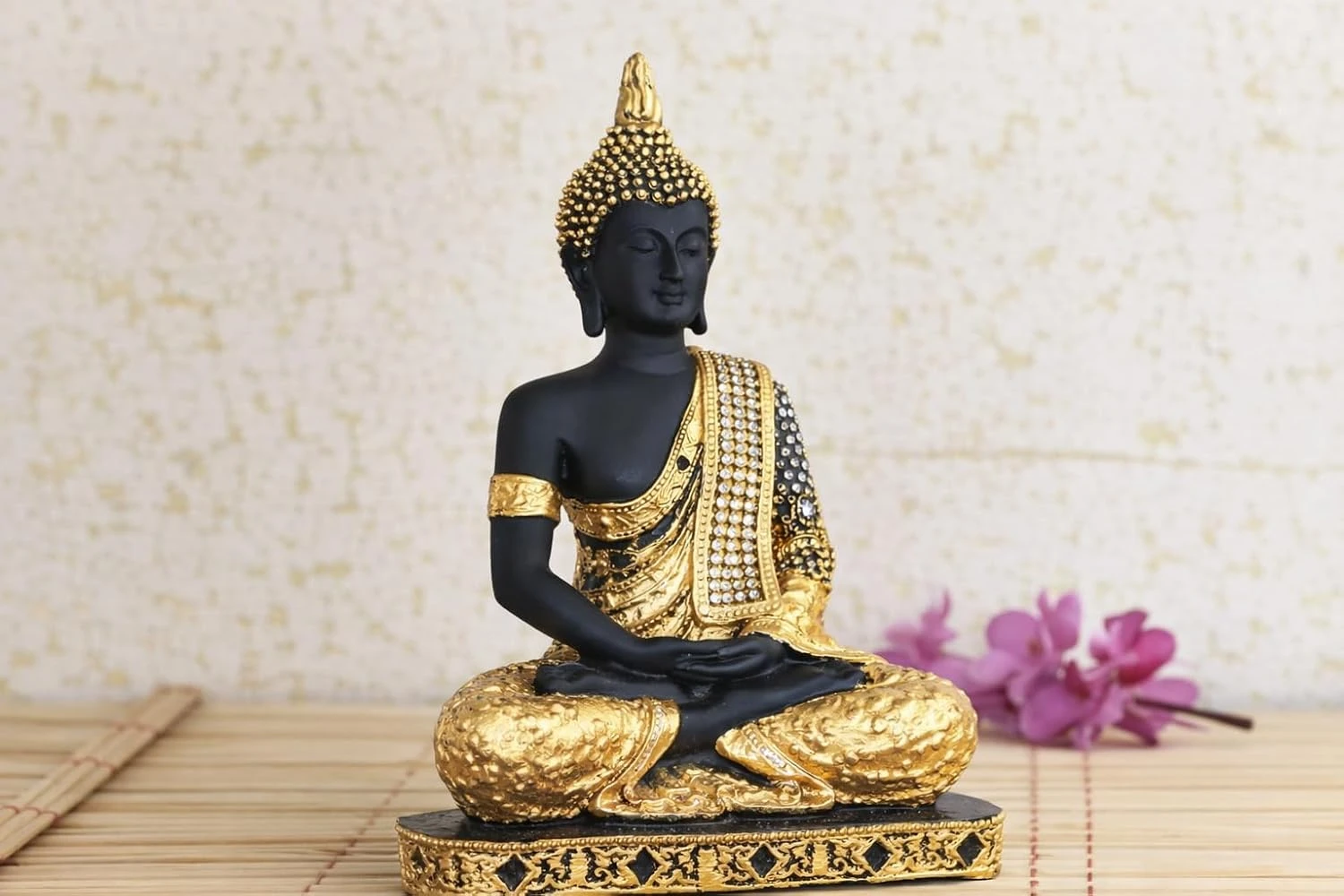 Decorative Buddha Figurine, Black and Gold, Resin, Meditating Pose, Traditional Asian Style, Religious Theme