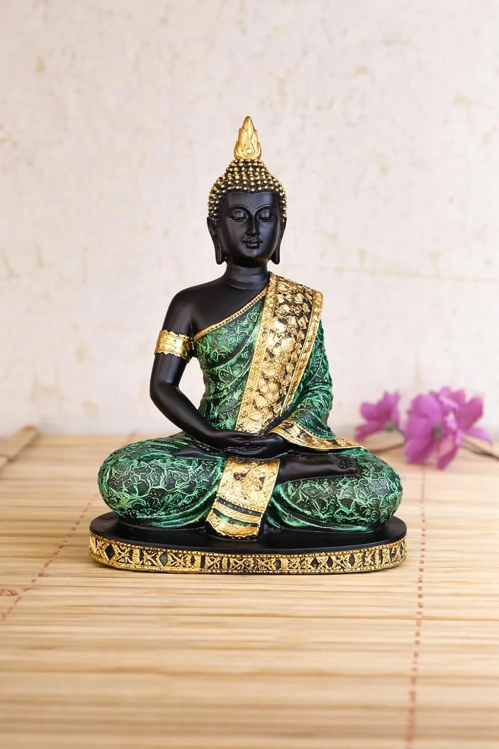 Decorative Buddha Figurine, Black and Gold, Resin, Meditating Pose, Traditional Asian Style, Religious Theme (Green Black)
