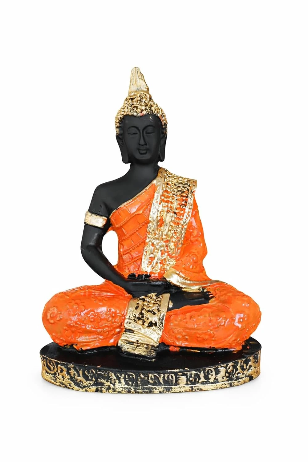 Decorative Buddha Figurine, Black and Gold, Resin, Meditating Pose, Traditional Asian Style, Religious Theme (Orange Black – Dark Shade)