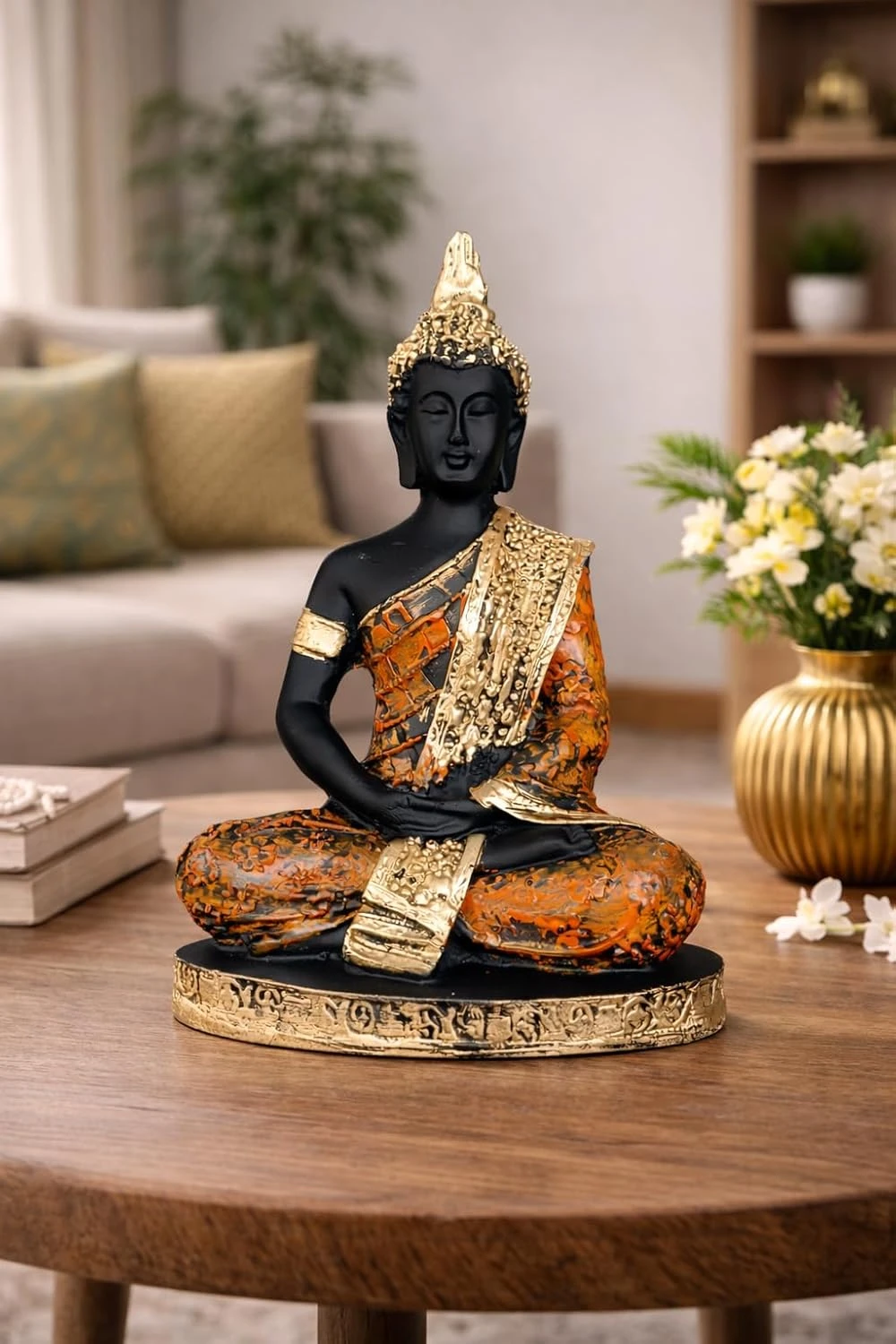 Decorative Buddha Figurine, Black and Gold, Resin, Meditating Pose, Traditional Asian Style, Religious Theme (Orange Black – Light Shade)