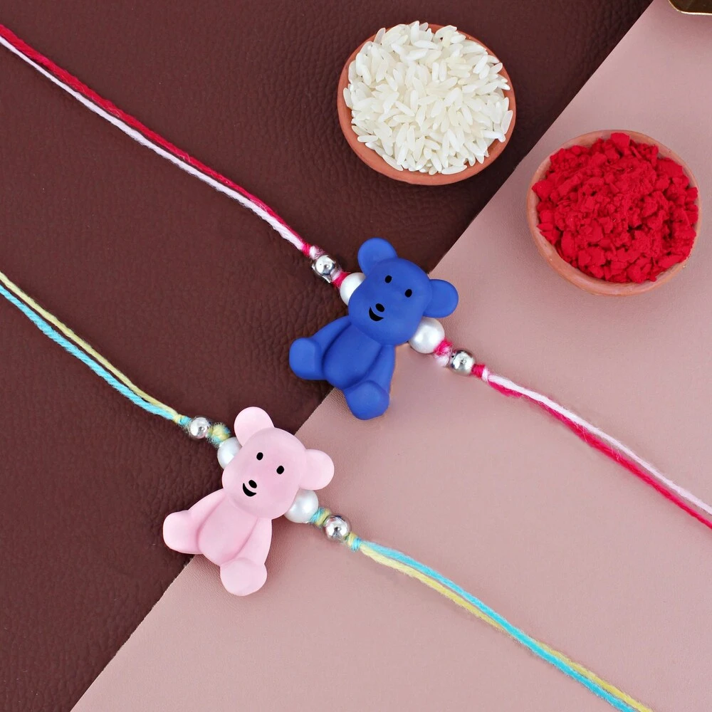 Jewellery Designer Pink and Blue Color Teddy Bear Kids Rakhi - Rakshabandhan Plastic Cute Teddy Rakhee Bracelet for Brother/Bhaiya/Bhai/Bhabhi & Kids - Pack of 2