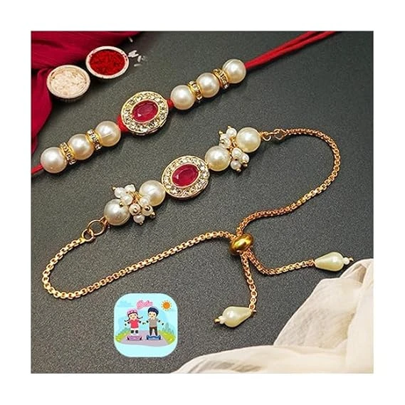 Rakhi Combo Set for Brother and Bhabhi Premium Lumba Floral Rakhi Kundan Bracelet for Bhaiya Men Bhabhi Women Raksha Bandhan Couple Pearl Set of 2 for Unisex Adult