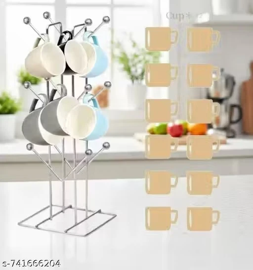 Shree Kitchenware Stainless Steel Tea Cup Stand Cup -(12 Hooks) Mug Stand for Kitchen (Silver)