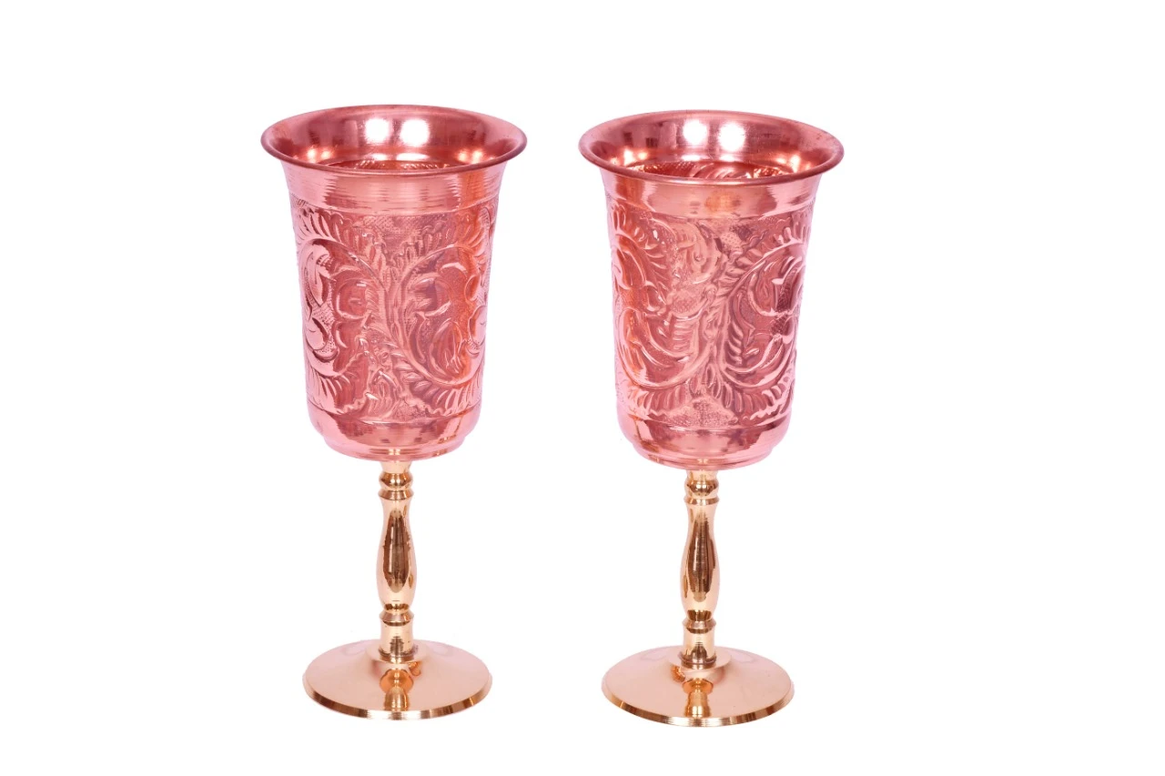 Copper Wine Glass with Classical Emboss Design (8 Inch, 250ml) - Set of 2