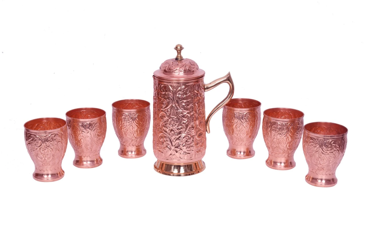 Polished Copper Nepali Embosed Jug Set