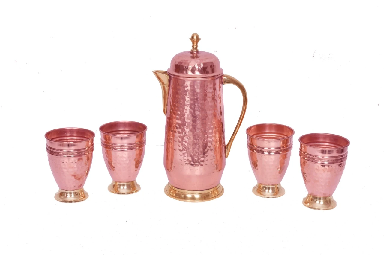LotusFeet Copper Hammered Nepali Sallu Jug Set with Hammered Glasses (Tumblers)