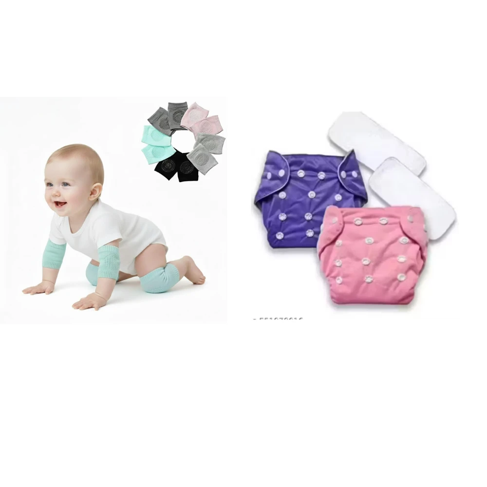 Reusable Baby Cotton Cloth Diapers / Baby Smiley Knee Pads for Crawling, Anti-Slip Padded Stretchable Elastic Cotton Soft Breathable Comfortable Knee Cap Elbow Safety Protector Random Color