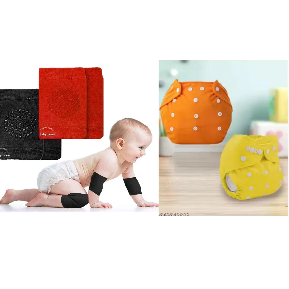 Reusable Baby Cotton Cloth Diapers / Baby Smiley Knee Pads for Crawling, Anti-Slip Padded Stretchable Elastic Cotton Soft Breathable Comfortable Knee Cap Elbow Safety Protector Random Color