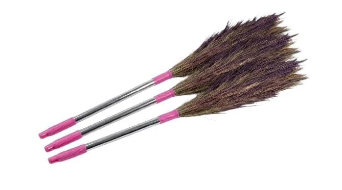 No Dust Floor Broom Long Lasting and Durable Grass Jhadu, Plastic and Steel Handle, Lightweight, for Home Cleaning (Pack of 5)