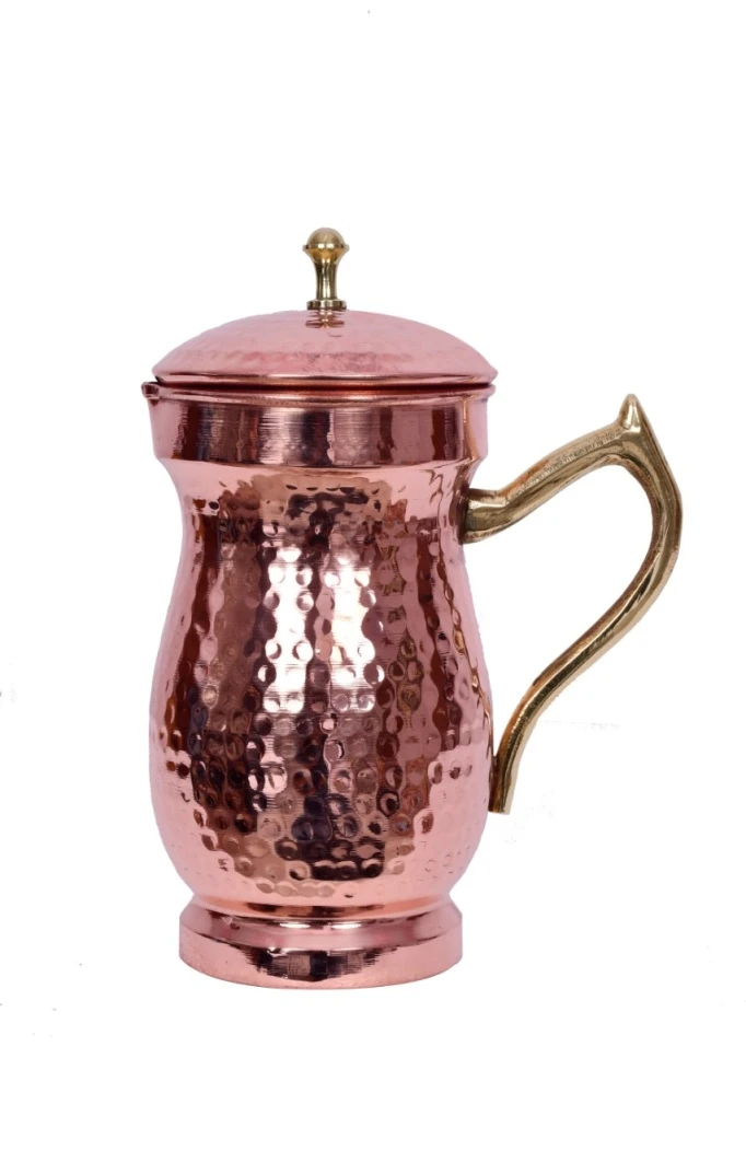 Small Mughlai Hammered Brass Handle Jug – Copper Finish Designer Water Jug with Lid for Dining & Serving