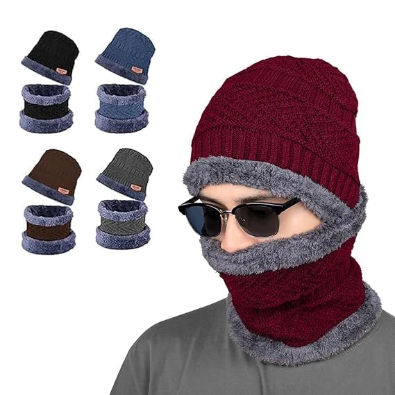 Digital Wave Winter Knitted Beanie Cap Set with Neck Warmer Scarf, Fleece Lined Muffler for Men Women, Sports Outdoor Activities, Random Colors